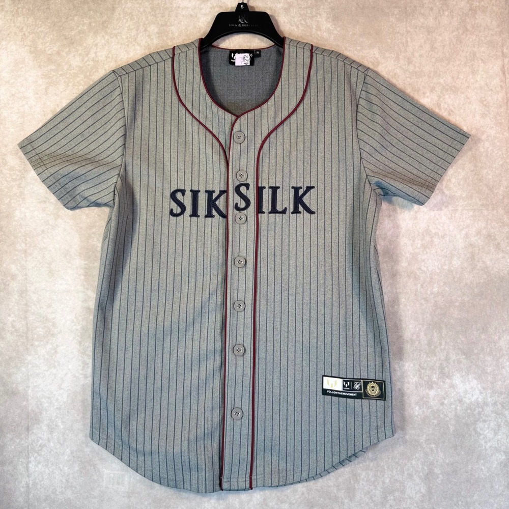 SikSilk x Messi Baseball Jersey Mens XL Grey Pinstripe UK Streetwear Oversized